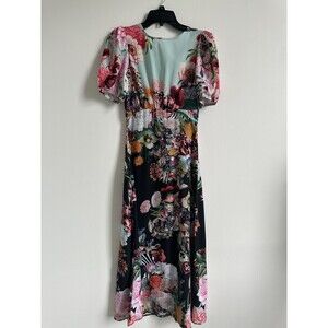 Mary Katrantzou X Lipsy Puff Sleeve Midi Dress Flora & Fauna Art Print Size 2 US
